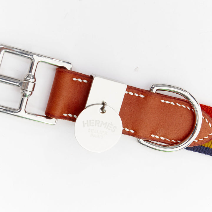 HERMES Rocabar III Dog Collar brown leather PHW logo rainbow