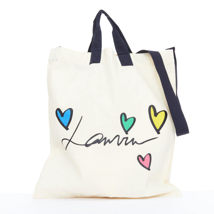 LANVIN Hearts script logo printed cotton canvas grosgrain crossbody tote bag