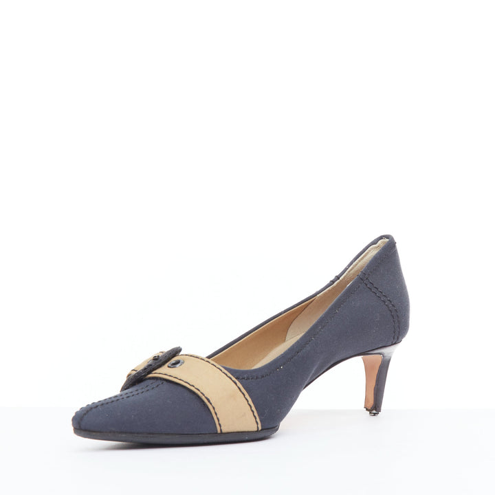 MIU MIU Vintage navy fabric nude buckle strap kitten pumps EU36.5