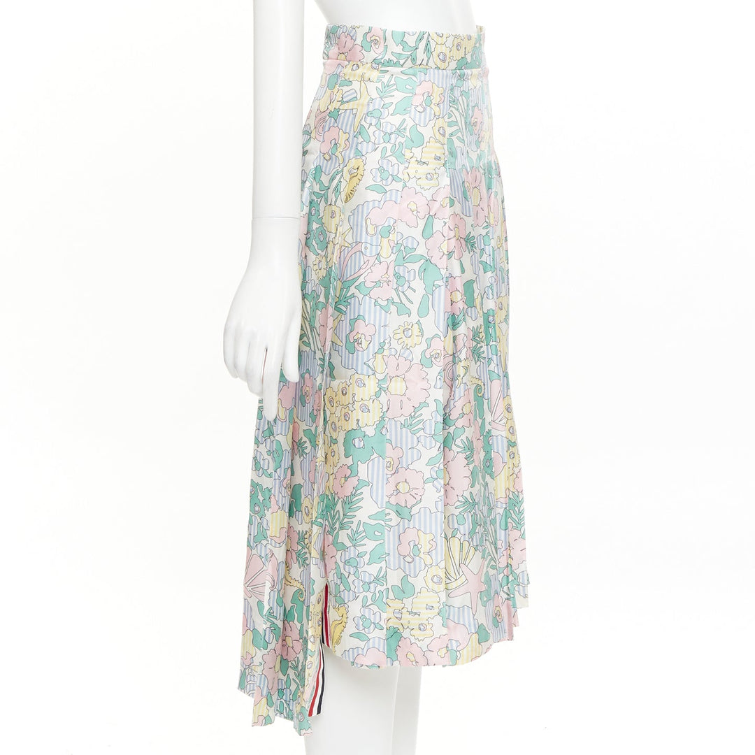 THOM BROWNE green pink yellow silk floral marine motif midi skirt IT36 XXS