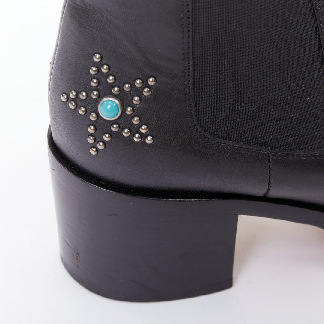 VALENTINO black leather turquoise blue stone star studded ankle boots EU40