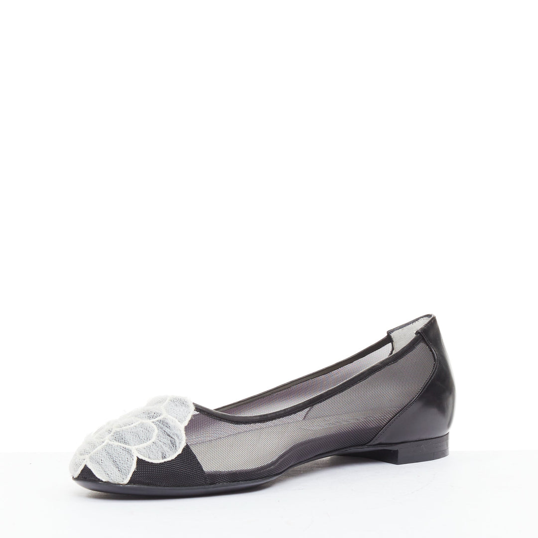 CHANEL 2009 G26433 black sheer mesh leather camellia CC ballerina flats EU37.5