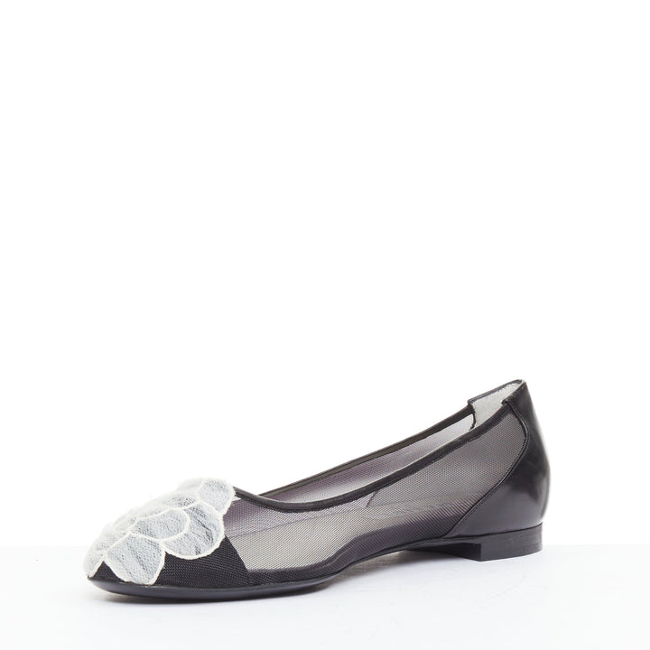 CHANEL 2009 G26433 black sheer mesh leather camellia CC ballerina flats EU37.5