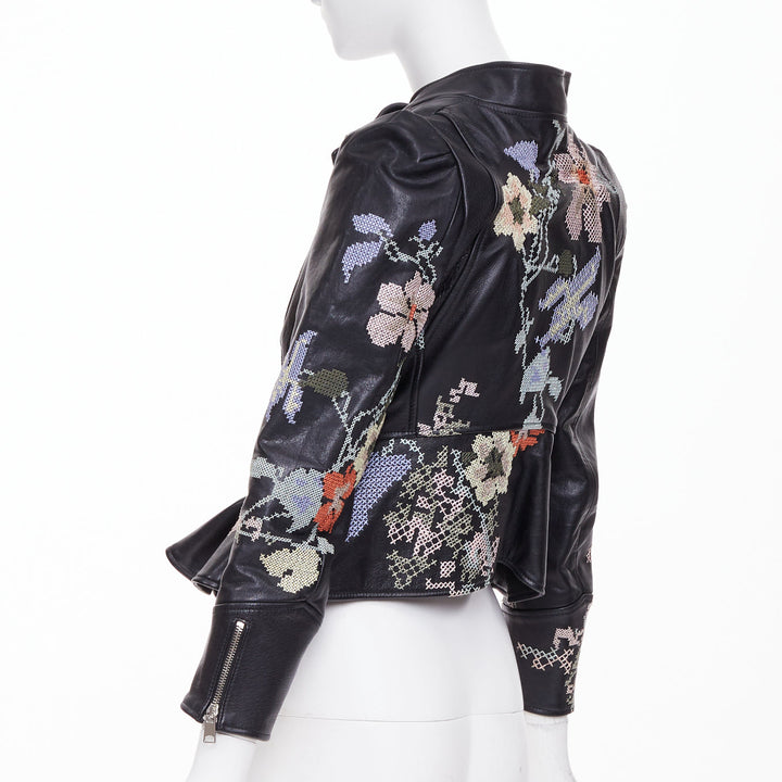 ALEXANDER MCQUEEN Cross Stitch Leather Moto floral peplum jacket IT40 S