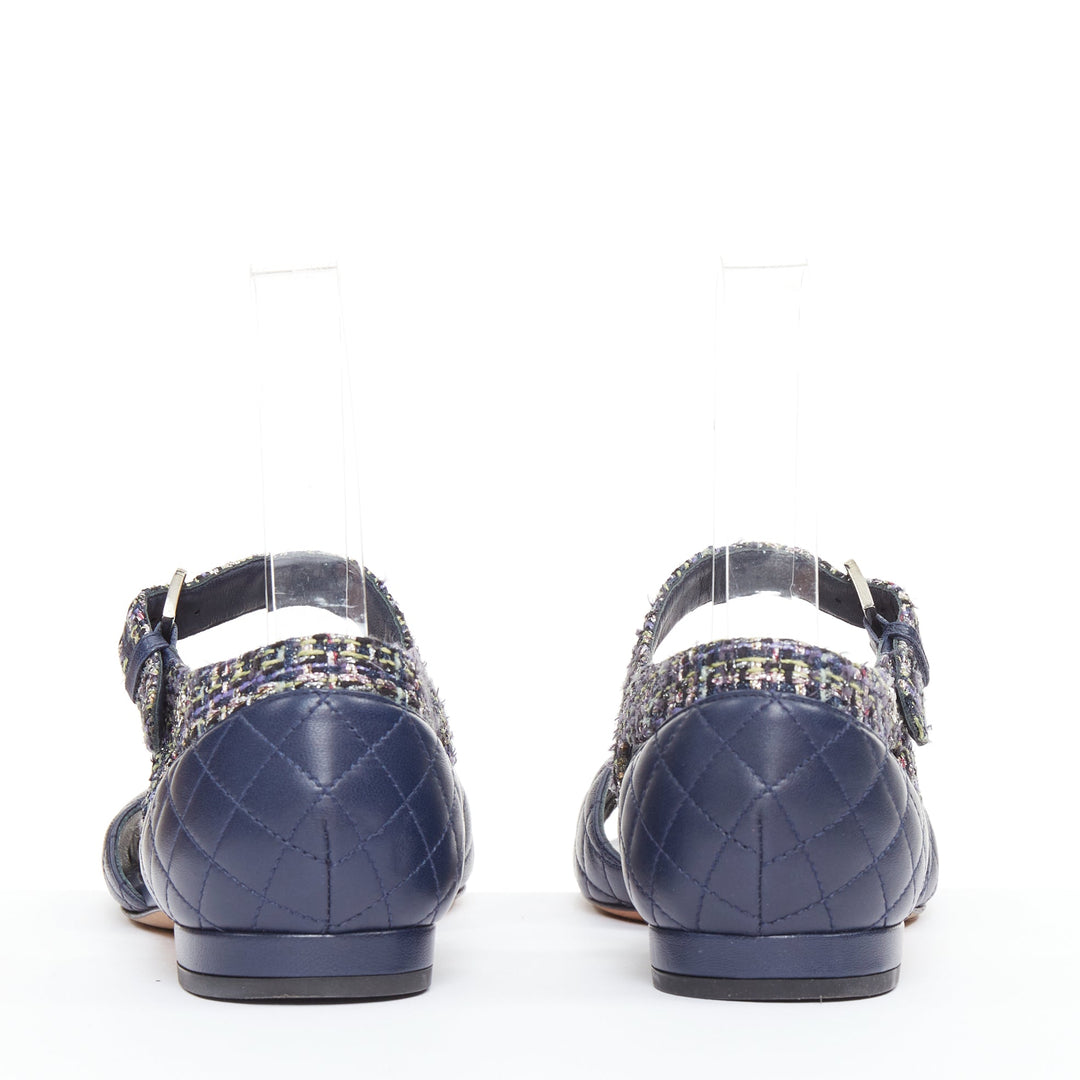 CHANEL navy quilted lambskin leather metallic tweed mary jane sandals EU39