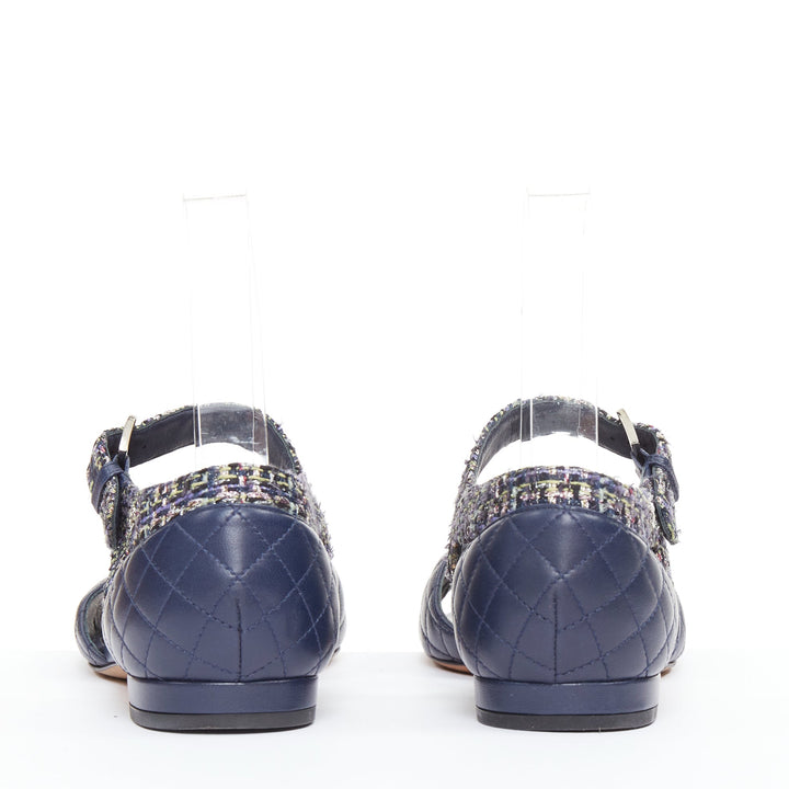 CHANEL navy quilted lambskin leather metallic tweed mary jane sandals EU39