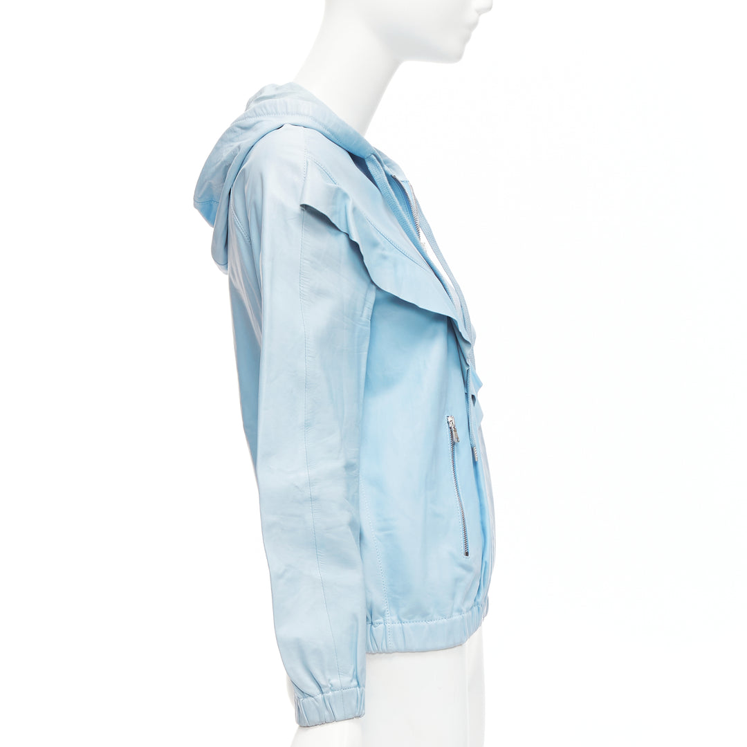 RED VALENTINO powder blue lambskin leather ruffle panel hoodie jacket IT40 S