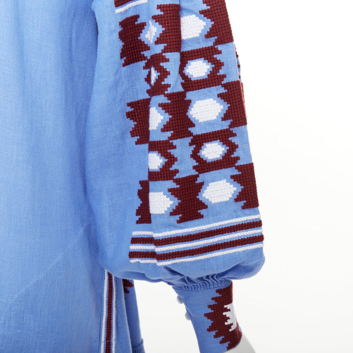VITA KIN blue linen red folk ethnic embroidery boho peasant kaftan dress S/D