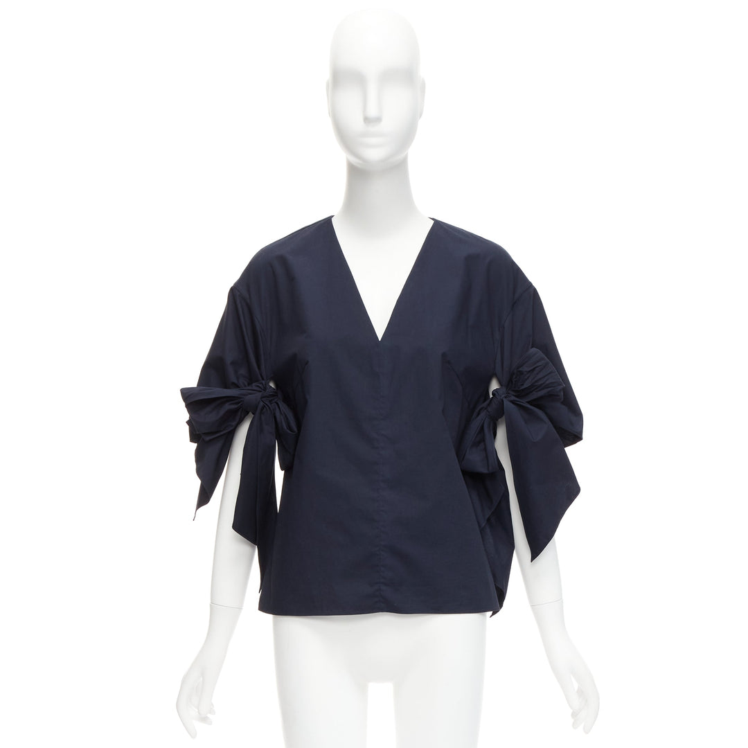 DELPOZO navy cotton knot tie sleeves V neck relaxed top FR36A S