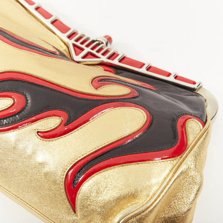 PRADA 2012 Runway hot rod metallic gold leather flame detail clutch bag