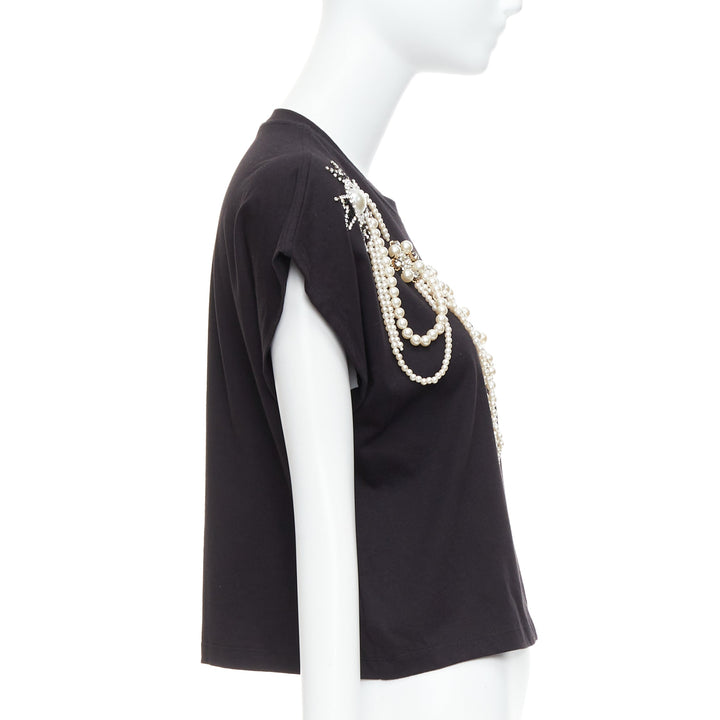 BALMAIN black cotton pearl bead embellished crop tshirt XS