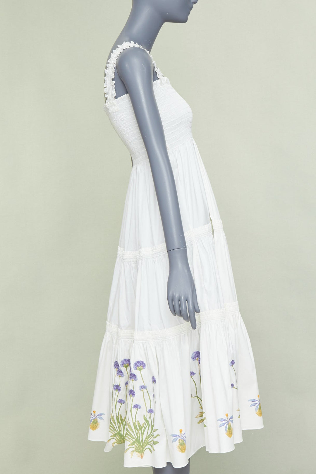 TORY BURCH Embroidered Smocked Midi ivory purple flower embroidery midi dress M