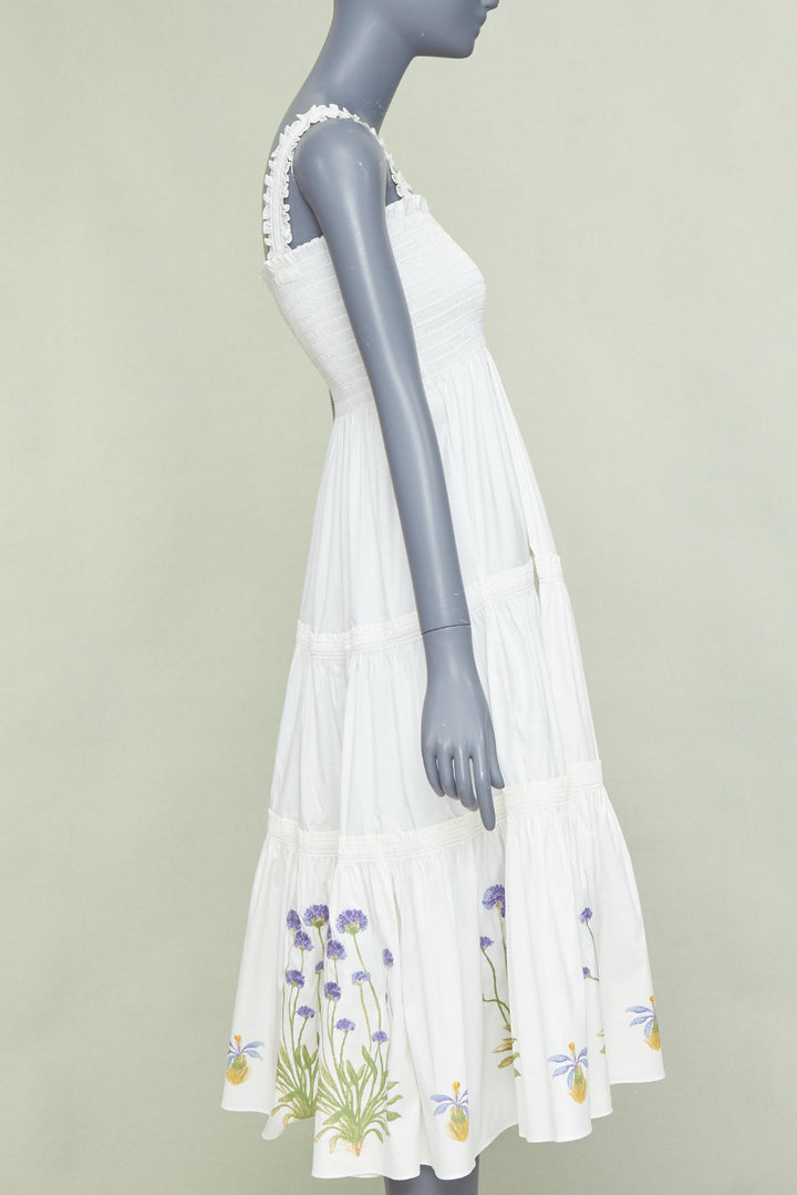 TORY BURCH Embroidered Smocked Midi ivory purple flower embroidery midi dress M