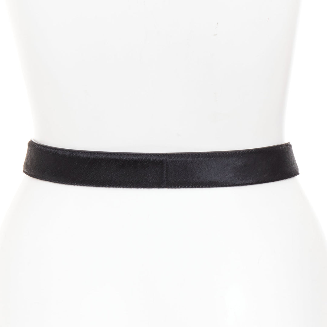 SAINT LAURENT gold tone hammered heart buckle black calf hair belt 80cm