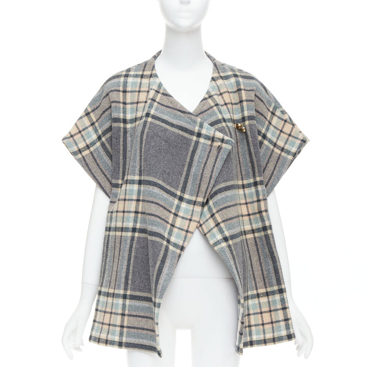 CHLOE grey pink virgin wool blend checked gold buttons cape top T3 XS