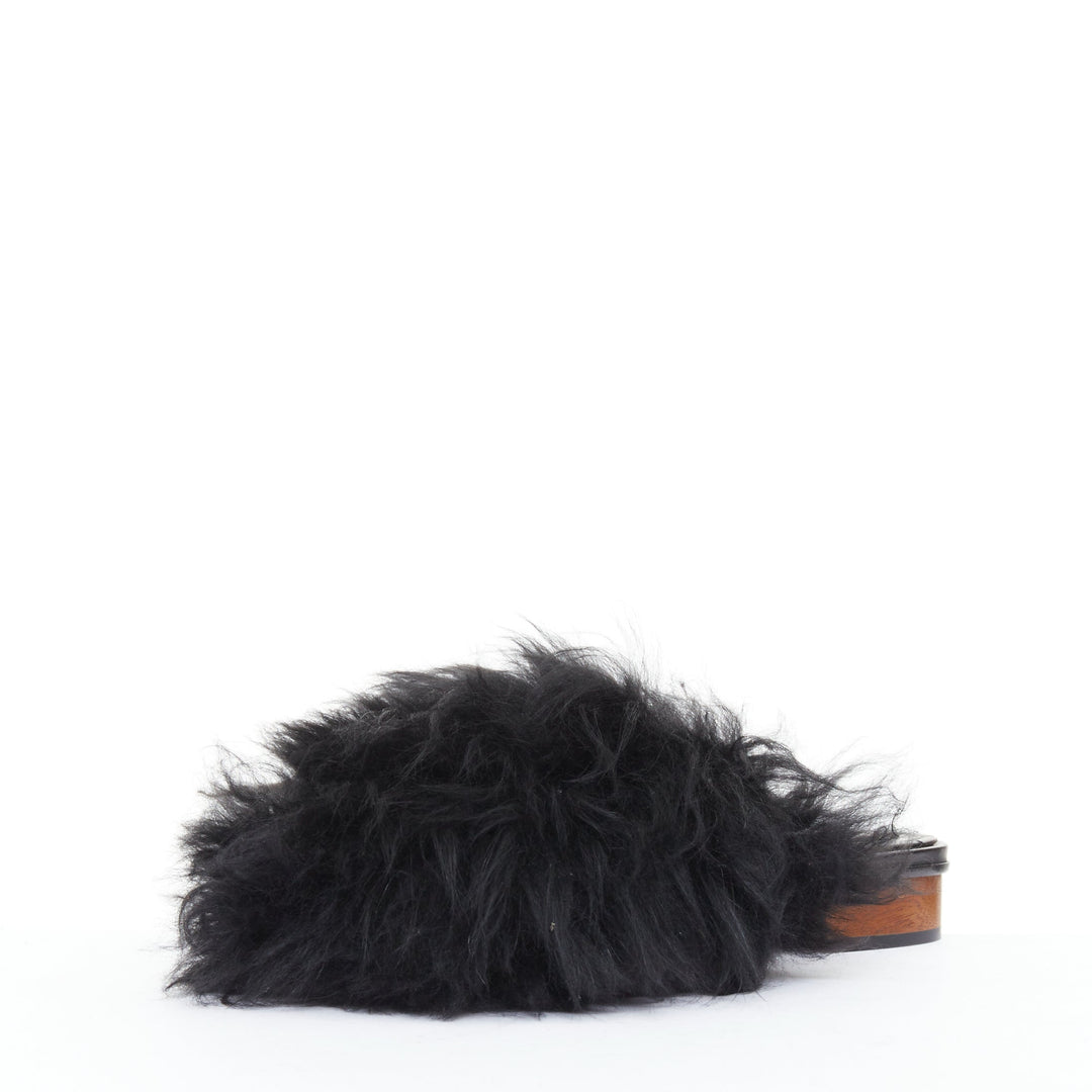 CHANEL black silver CC logo mongolian lamb fur fluffy slippers EU37.5