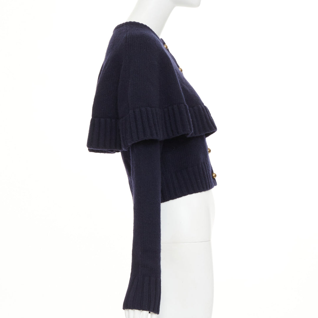 CHLOE 2024 Runway navy wool cashmere bronze globe buttons cape cardigan XS