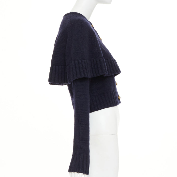 CHLOE 2024 Runway navy wool cashmere bronze globe buttons cape cardigan XS
