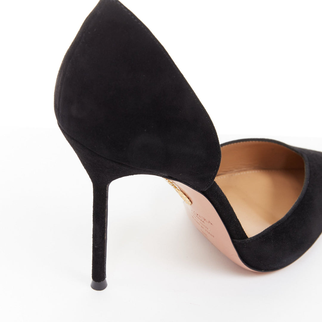 AQUAZZURA Uptown 105 black suede leather point toe dorsay pumps EU38