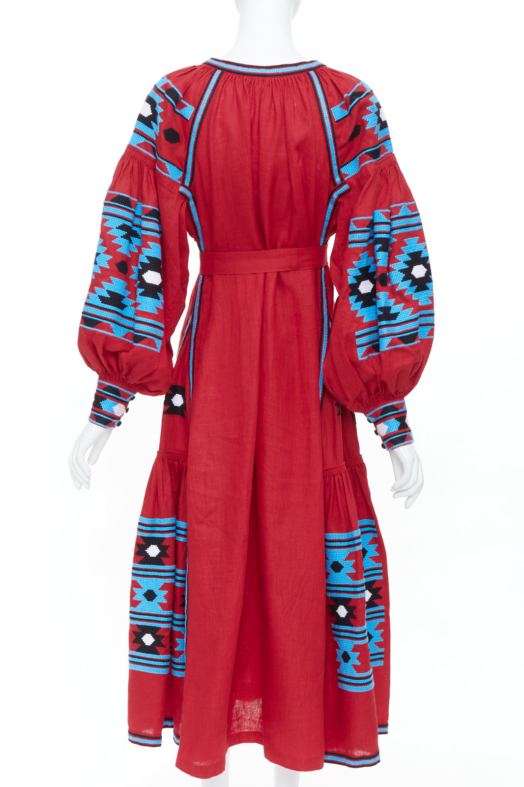 VITA KIN red linen blue folk ethnic embroidery boho peasant kaftan dress S/D
