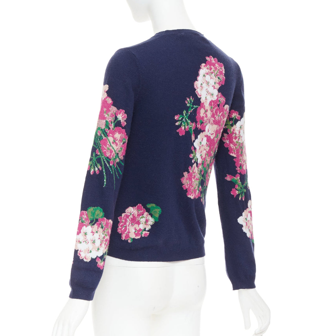 GUCCI 2017navy wool Floral  Bee needlepoint embroidery sweater XS