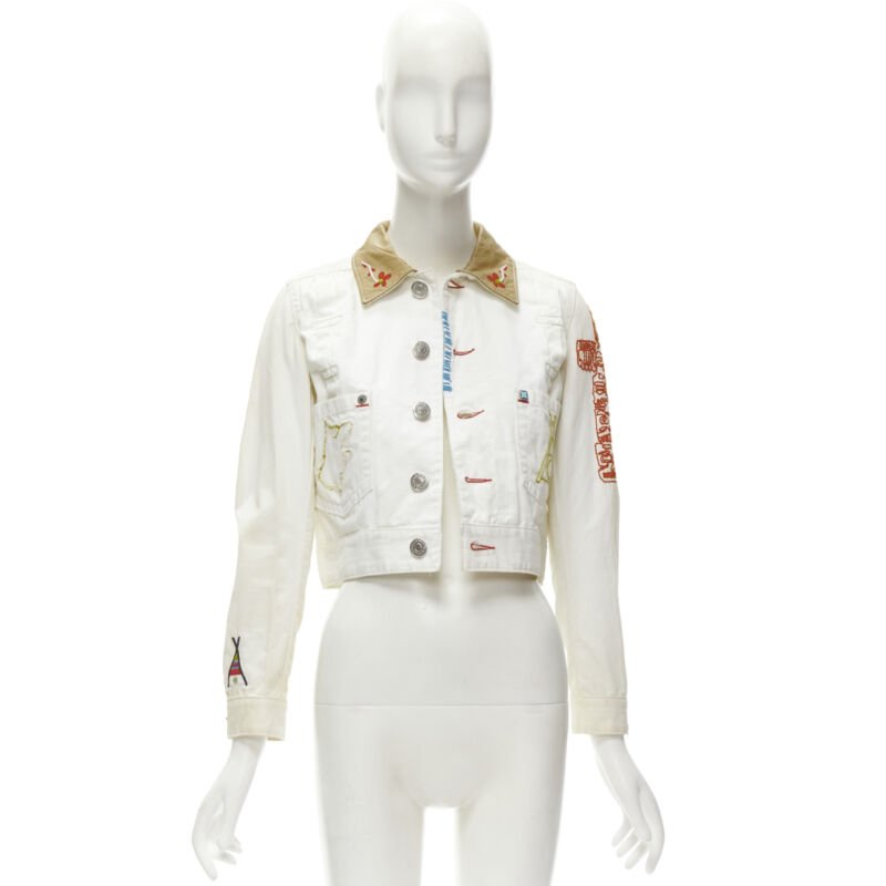 DSQUARED2 Vintage white tent embroidery leather collar denim jacket IT38 XS