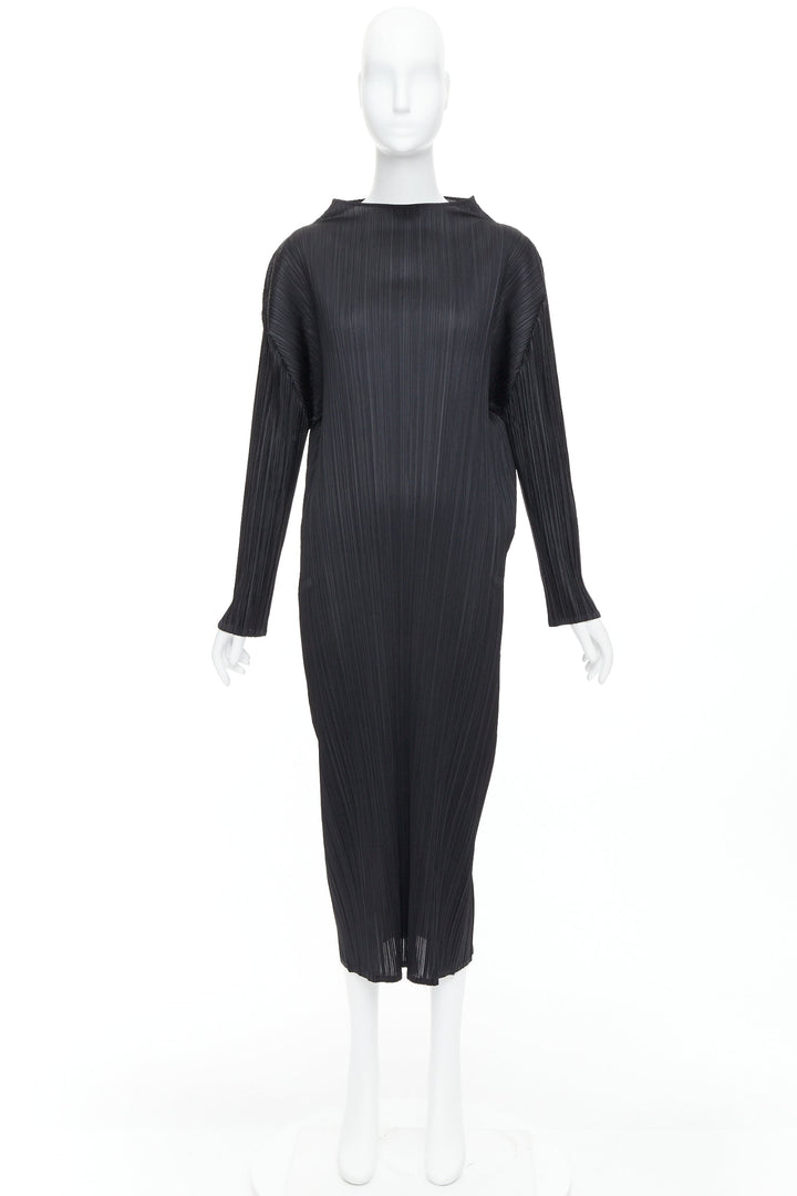 ISSEY MIYAKE Pleats Please black plisse bateau neck slit midi dress JP4 XL