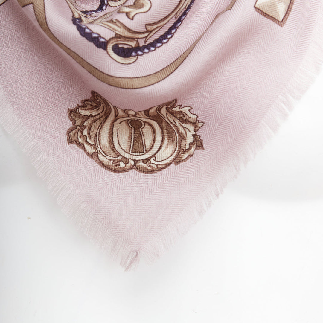 HERMES lilac cashmere silk keys tassels print fray edge scarf