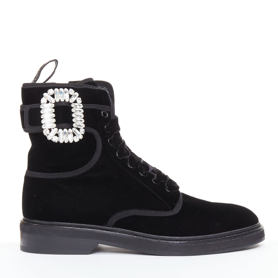 ROGER VIVIER 2020 Viv Rangers black velvet crystal buckle combat boots EU37.5