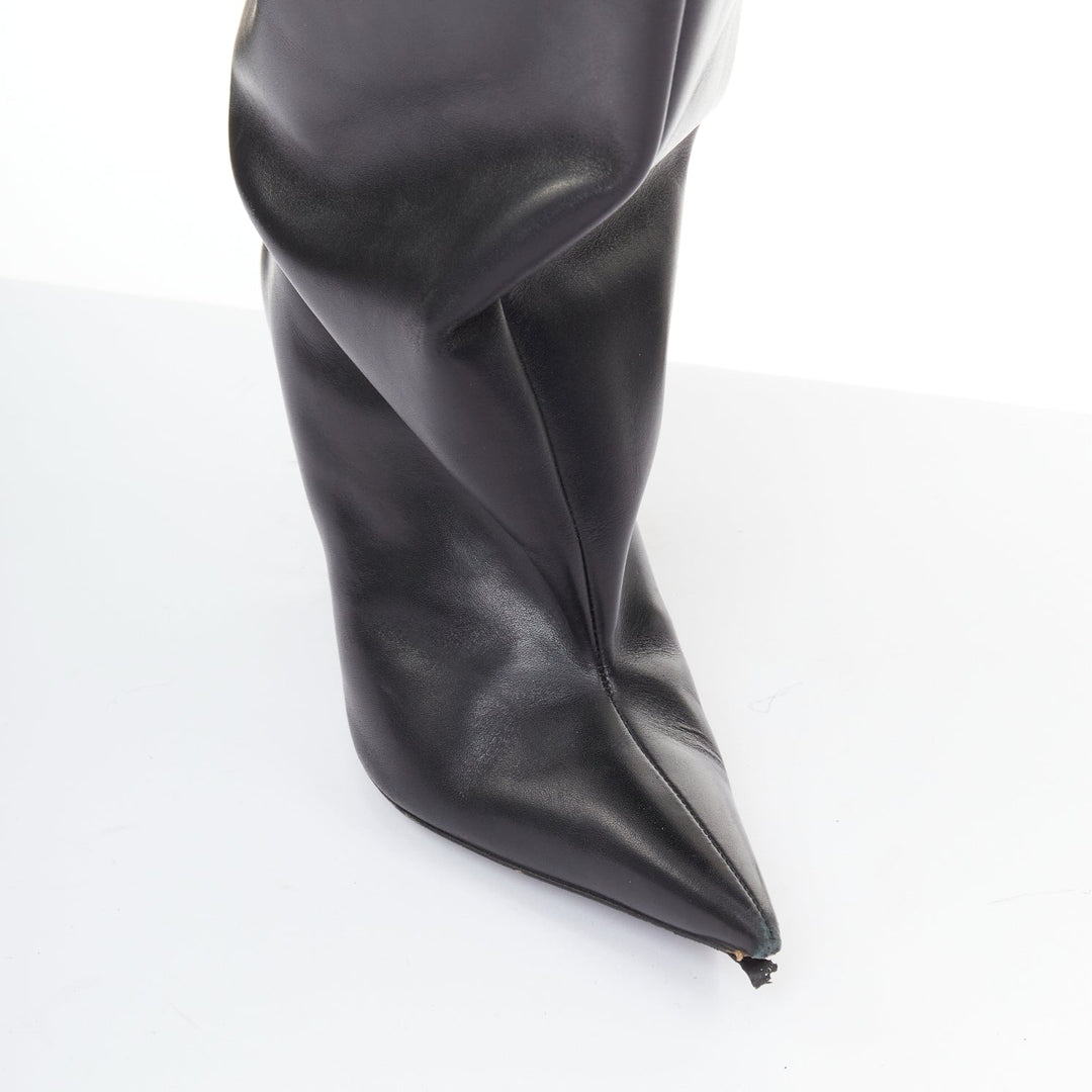 BALENCIAGA 2022 Runway Waders 90mm black leather flared shaft pointy boots EU