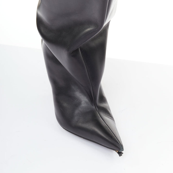 BALENCIAGA 2022 Runway Waders 90mm black leather flared shaft pointy boots EU