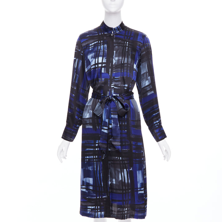 MARINA RINALDI 100% silk blue black brush print belted shirt dress Sz.15 M