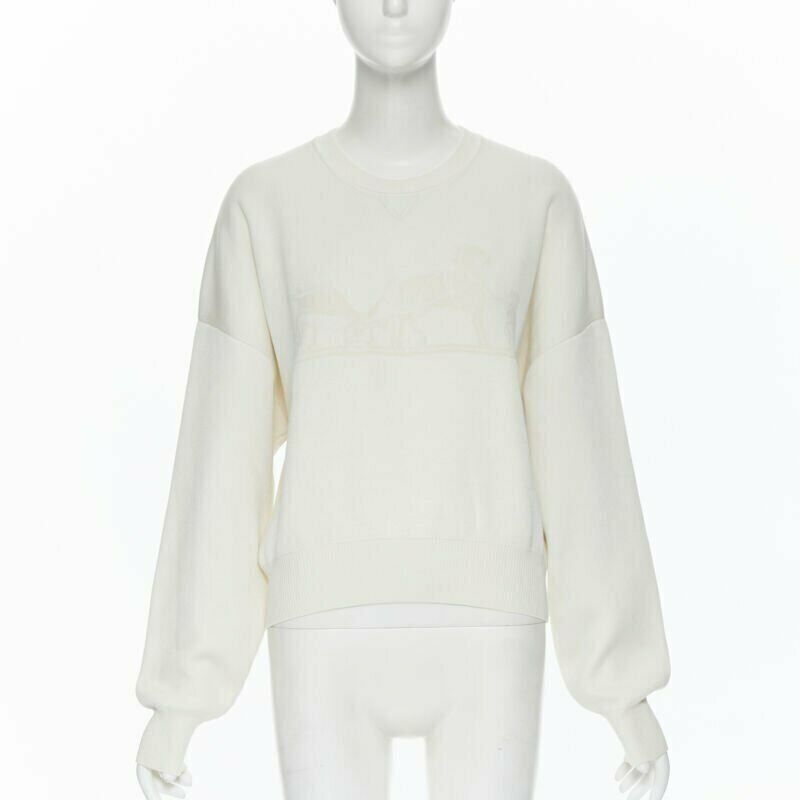 HERMES ivory cream cashmere silk blend logo intarsia short sweater FR44 XL