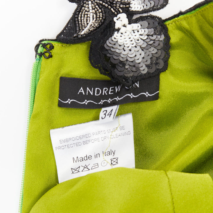 ANDREW GN apple green black silver sequinned badges bejewelled dress FR34 XS