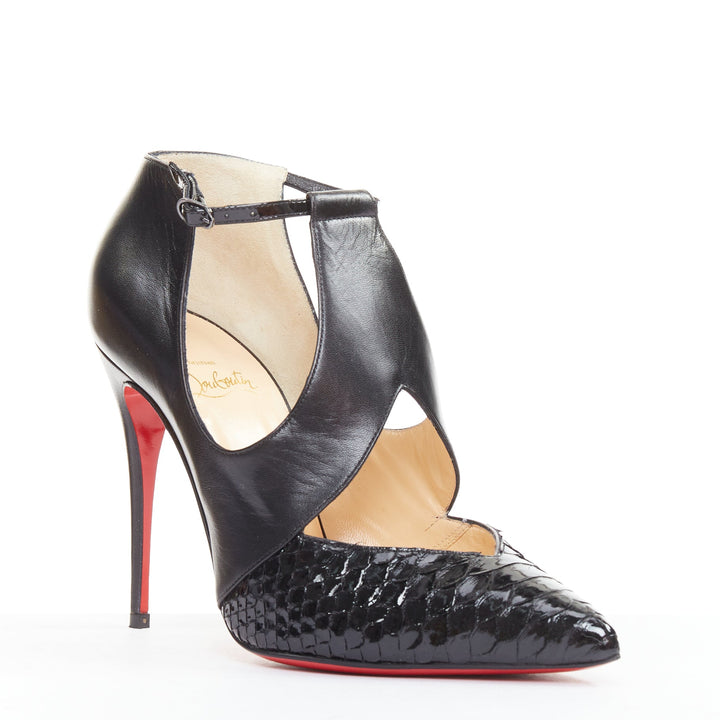 CHRISTIAN LOUBOUTIN Dictata 100 black polished scaled toe T-strap pumps EU37.5