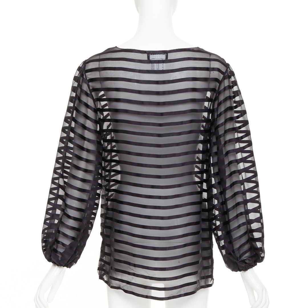 CHANEL black 100% silk sheer striped chiffon puff sleeve blouse FR36 S