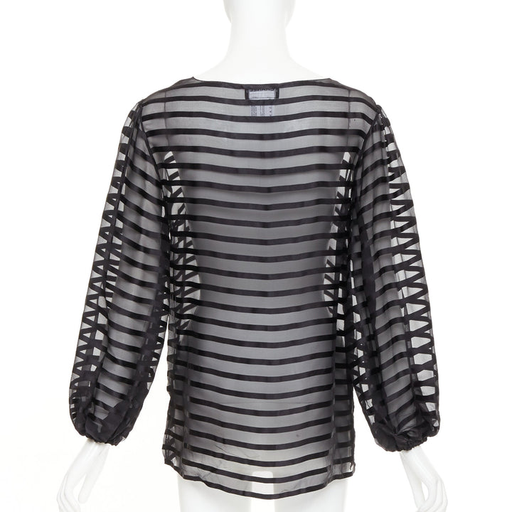 CHANEL black 100% silk sheer striped chiffon puff sleeve blouse FR36 S