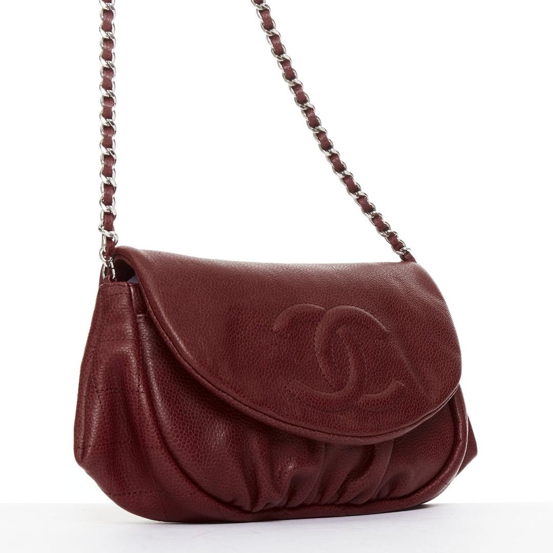 CHANEL Half Moon red grained leather CC quilted flap crossbody WOC bag