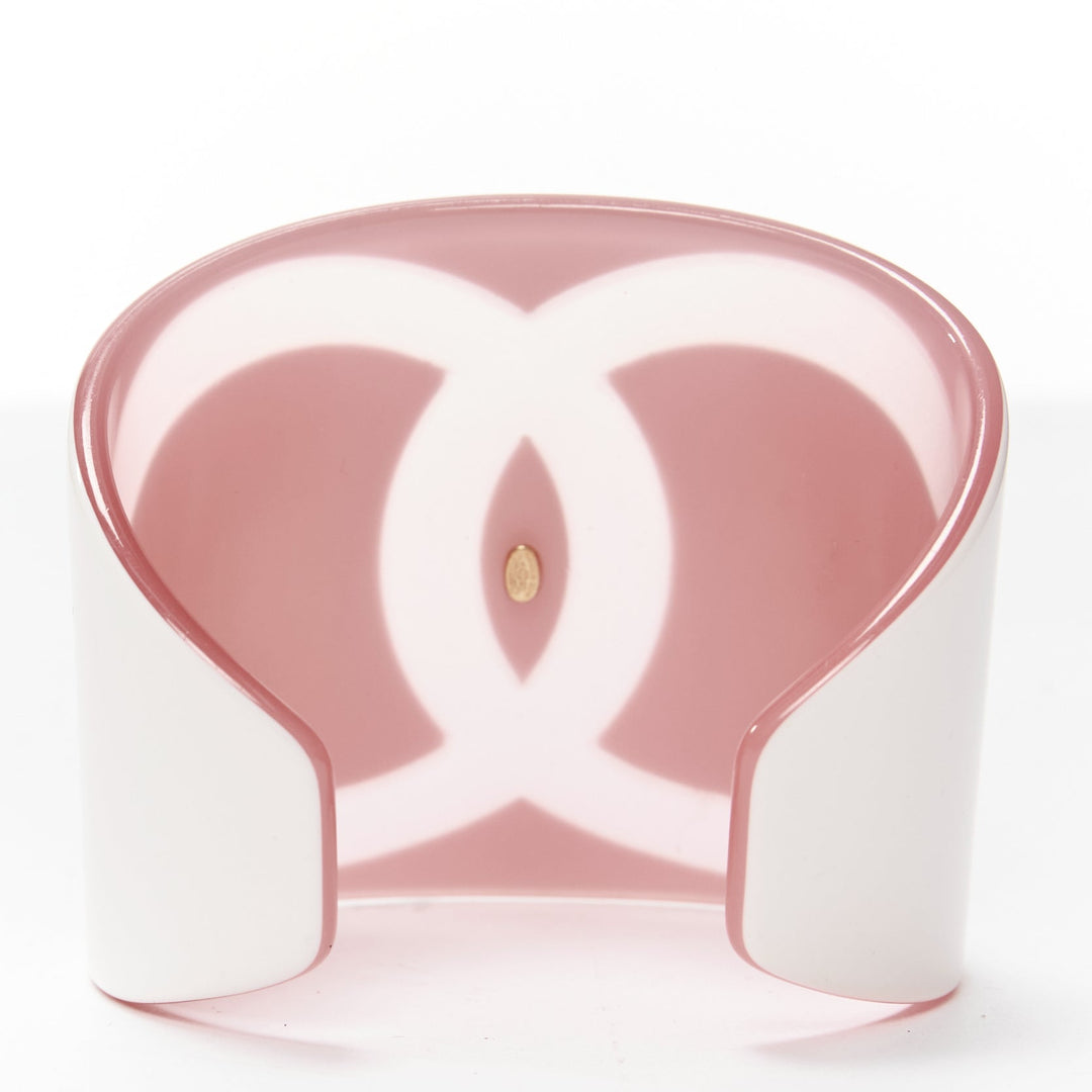 CHANEL Karl Lagerfeld 03P pink white giant CC logo resin bangle bracelet