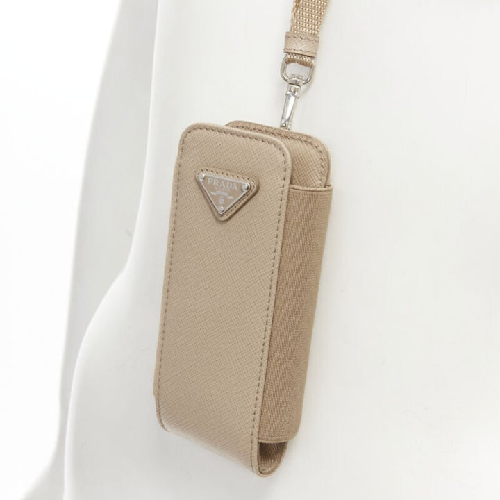 PRADA Symbole Triangle logo saffiano leather Phone lanyard bag beige nude