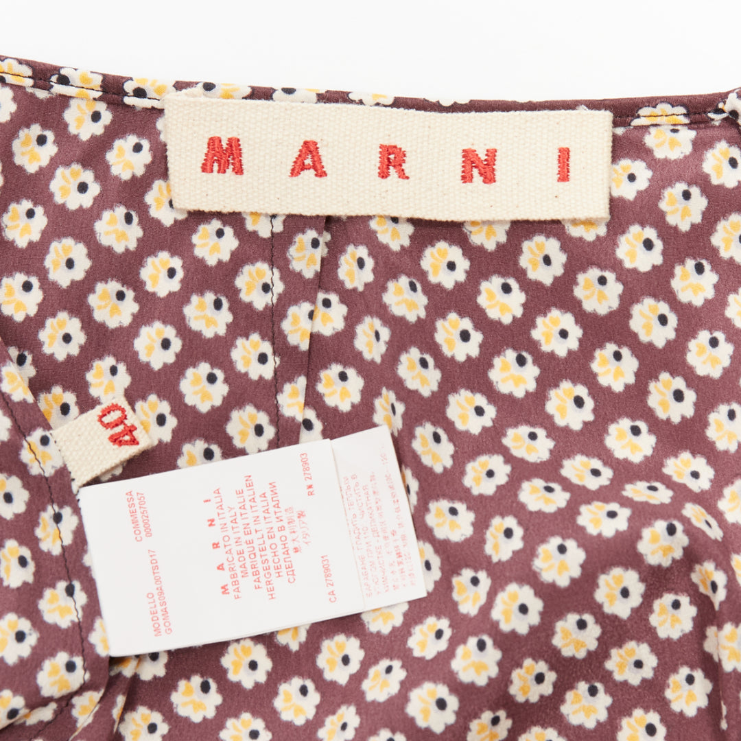 MARNI brown yellow floral silk blend ruffle drape front mid skirt IT40 S