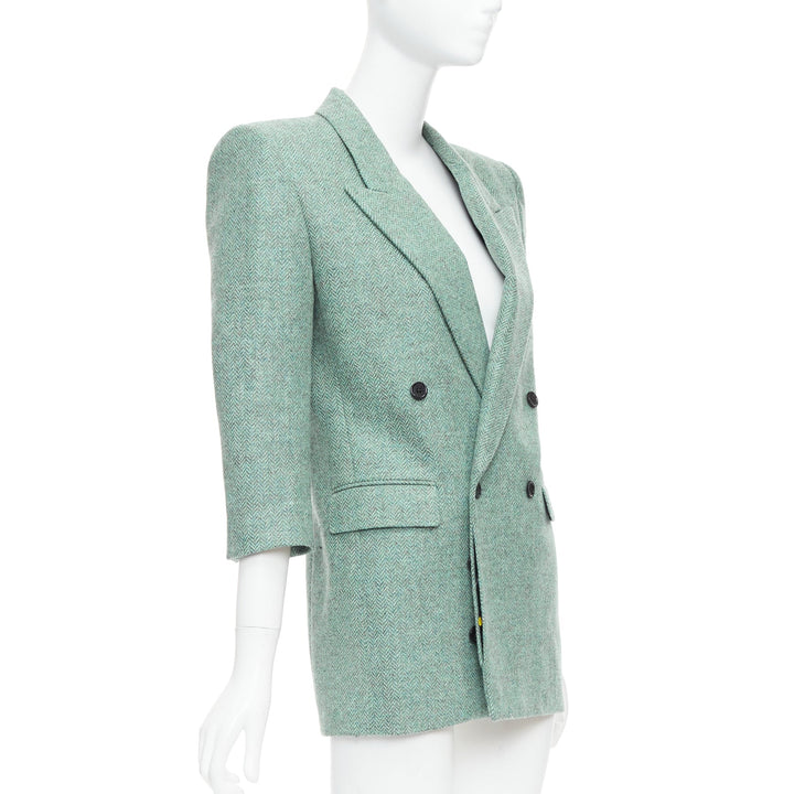 SAINT LAURENT 2022 Runway green tweed shoulder power blazer minidress FR34 XS