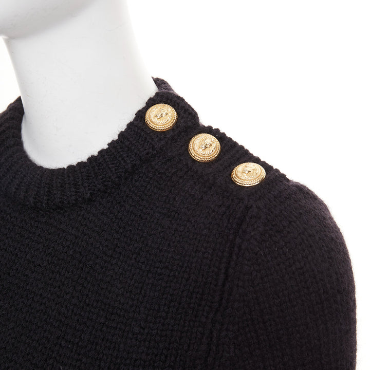 BALMAIN black mohair blend gold lion button crewneck long sleeve sweater FR34 XS