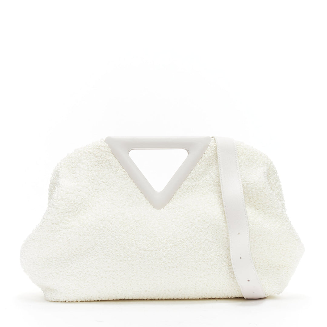 BOTTEGA VENETA Point Triangle white sponge boucle raffia leather shoulder bag