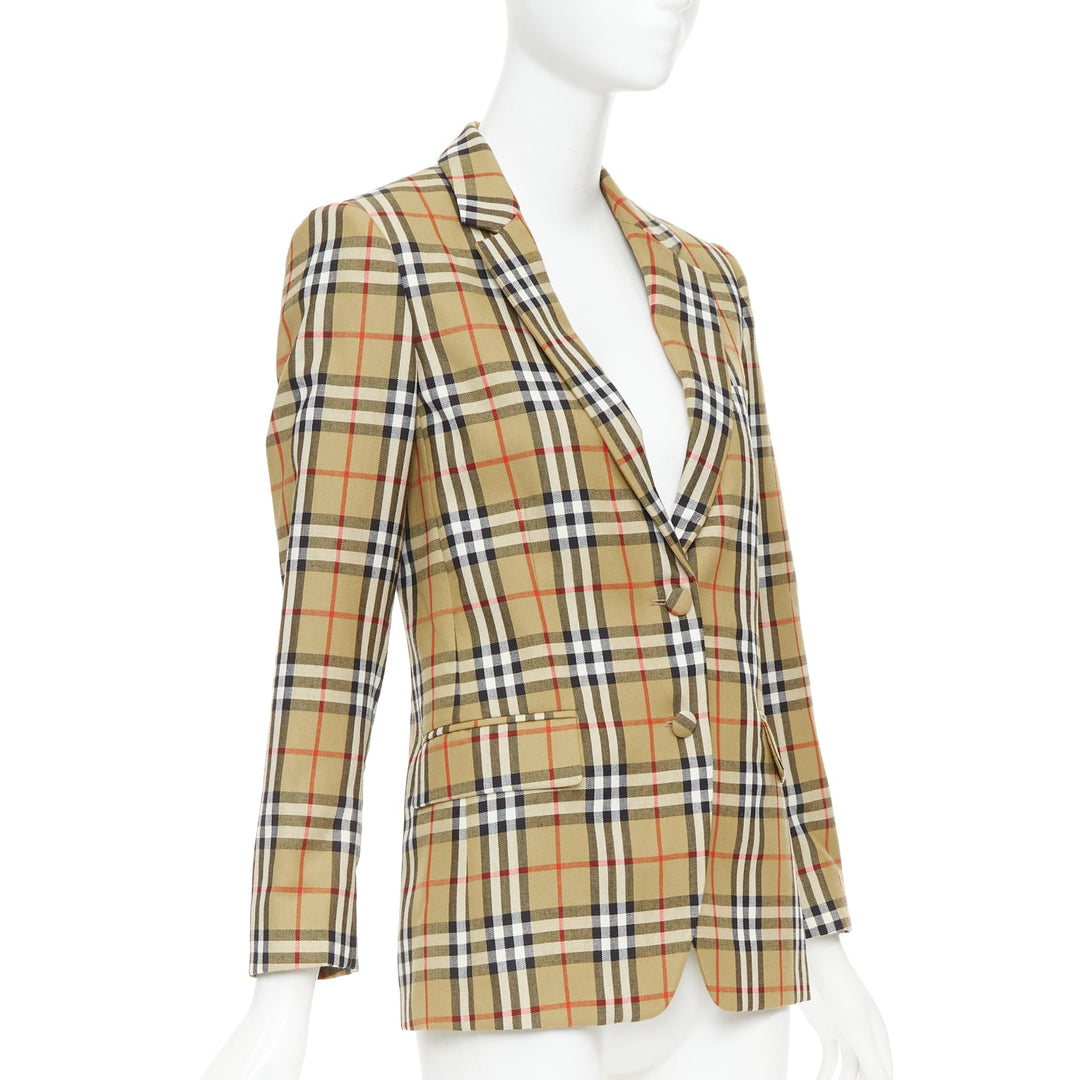 BURBERRY 100% wool brown House Check single breasted blazer jacket IT36 XXS