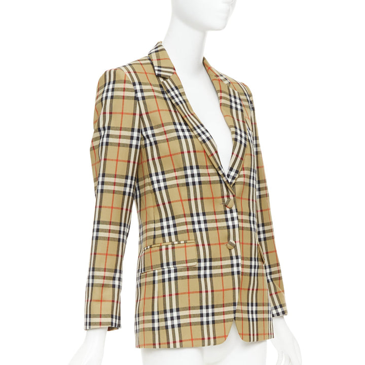 BURBERRY 100% wool brown House Check single breasted blazer jacket IT36 XXS