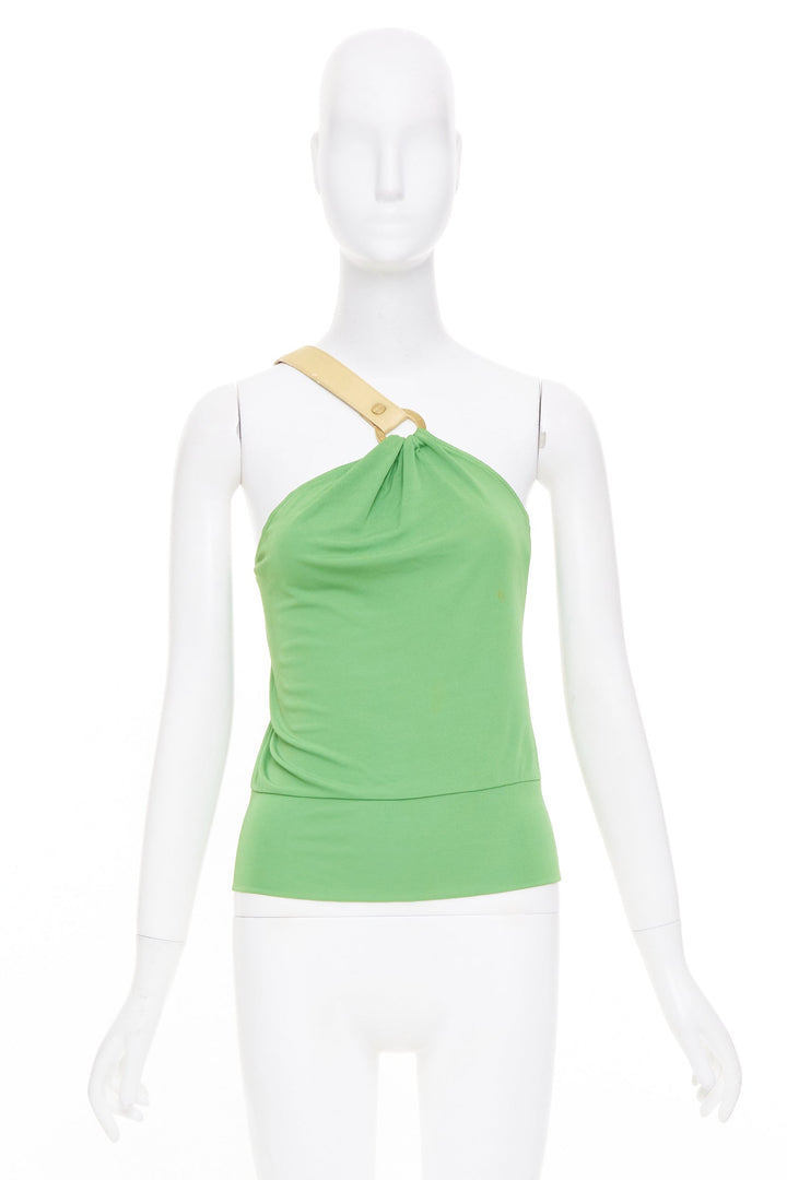 CELINE 2002 Runway horn ring green leather asymmetric shoulder halter top FR36 S