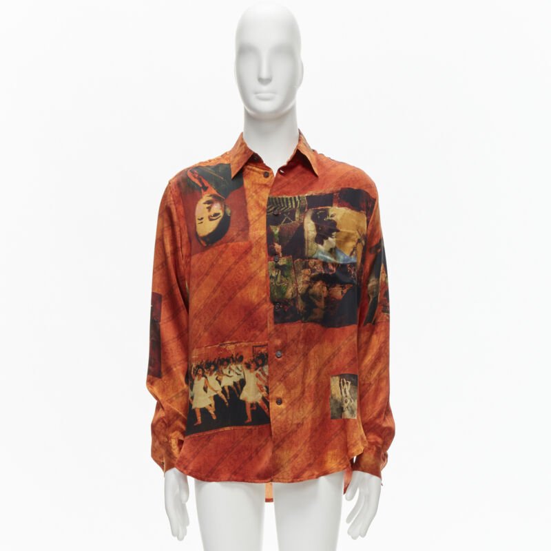 rare YOHJI YAMAMOTO 2004 100% silk Taisho Japanese portrait orange shirt JP2 M