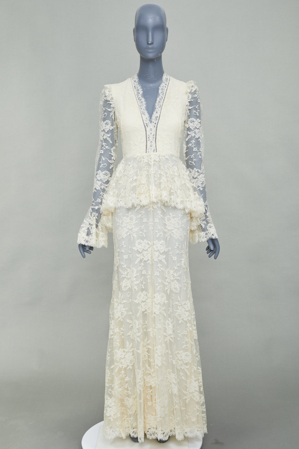 rare ALEXANDER MCQUEEN 2019 Bridal ivory floral lace peplum maxi gown IT40 S