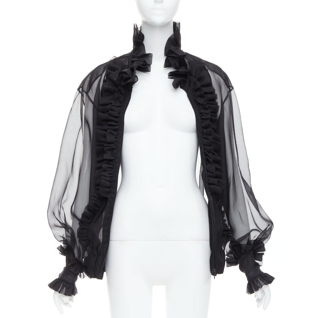 rare CHANEL black sheer silk Victorian ruffle collar zip up bomber jacket